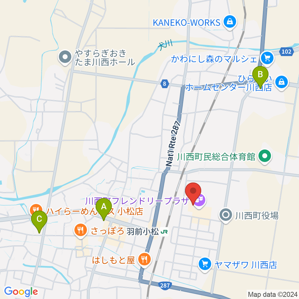 川西町フレンドリープラザ周辺のコンビニエンスストア一覧地図