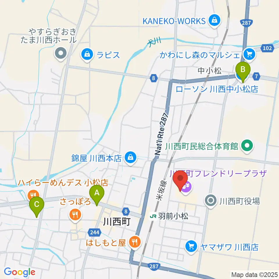川西町フレンドリープラザ周辺のコンビニエンスストア一覧地図