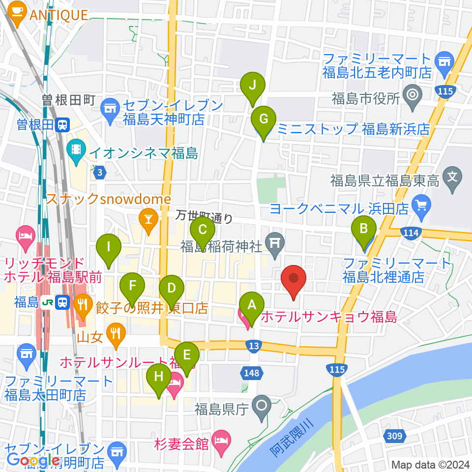 キョウワグループ・テルサホール（福島テルサ）周辺のコンビニエンスストア一覧地図