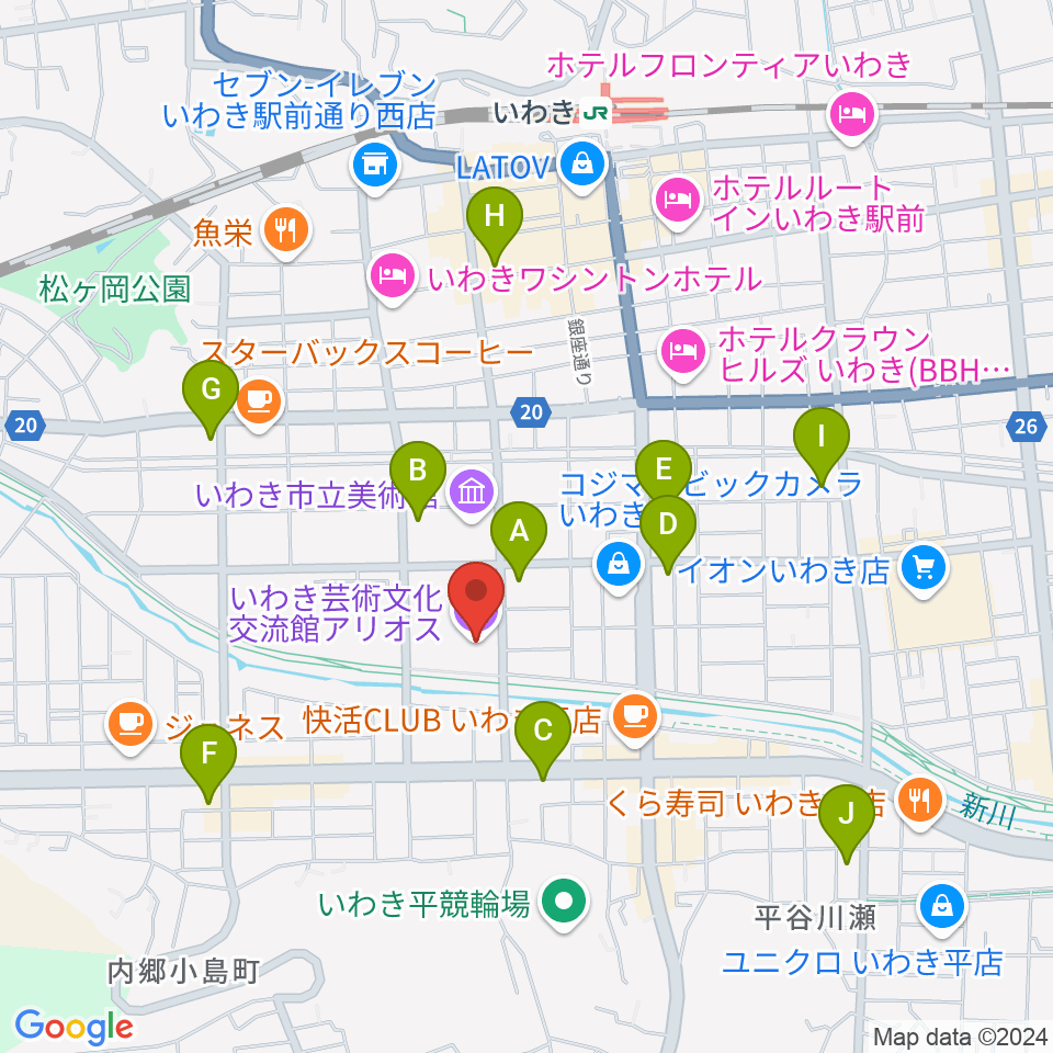 いわき芸術文化交流館アリオス周辺のコンビニエンスストア一覧地図