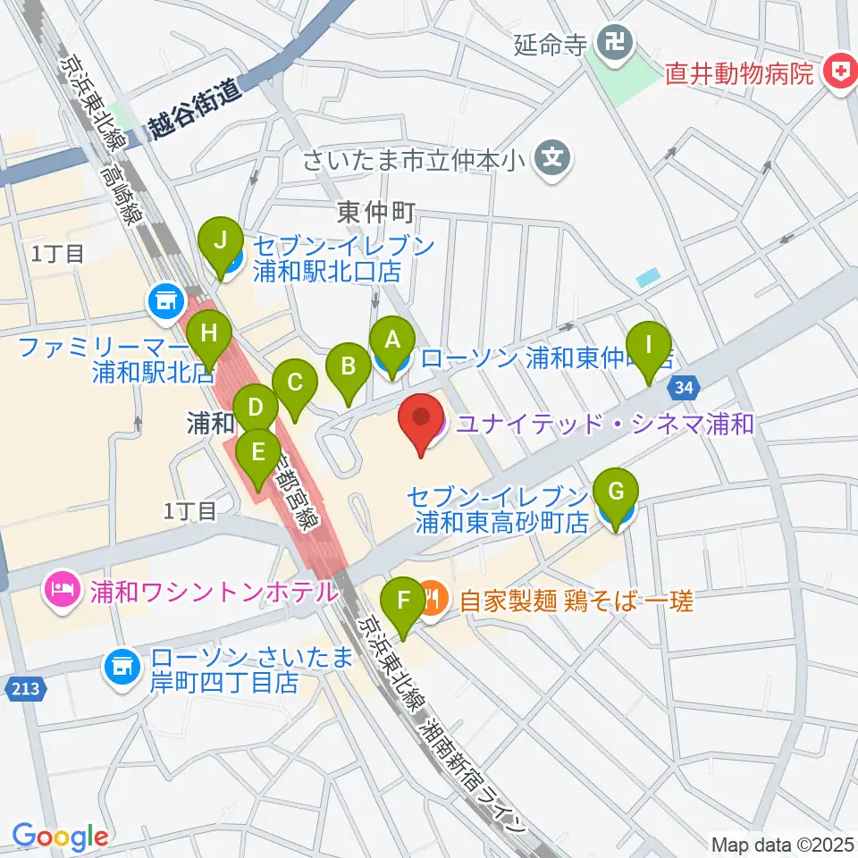 浦和コミュニティセンター周辺のコンビニエンスストア一覧地図
