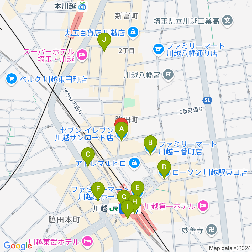 川越Jammin'周辺のコンビニエンスストア一覧地図