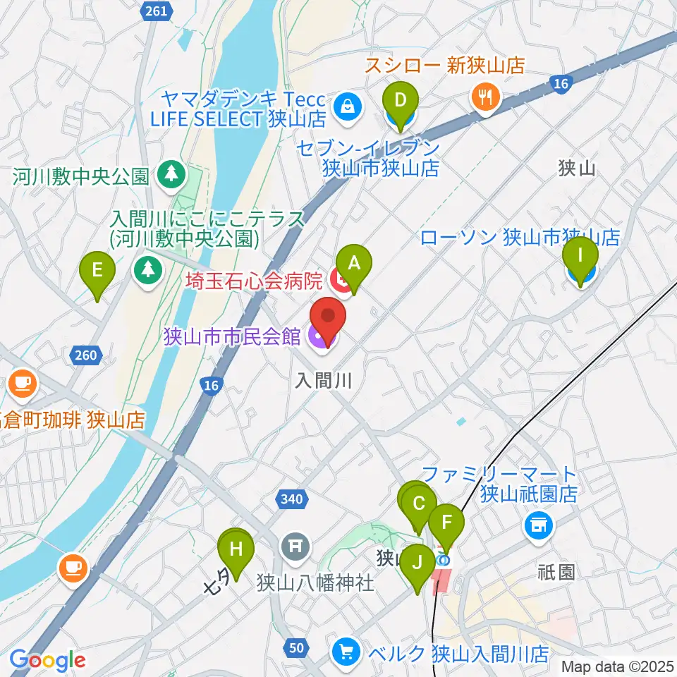 狭山市市民会館周辺のコンビニエンスストア一覧地図