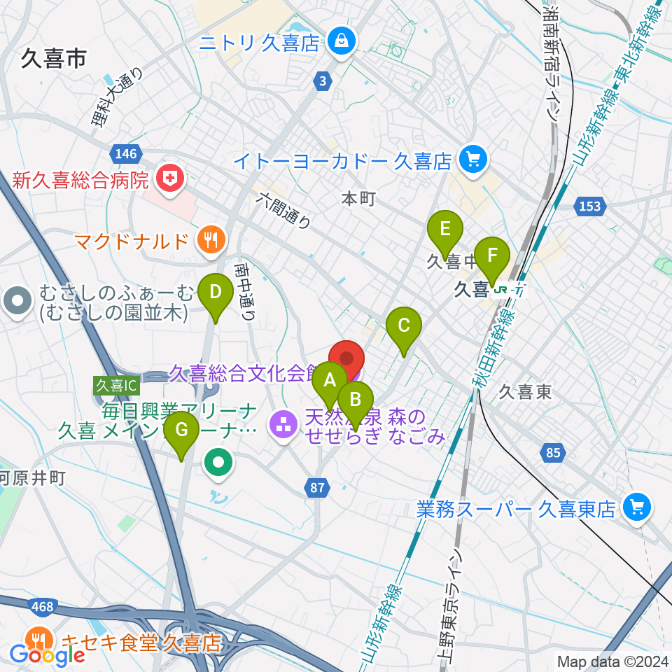 久喜総合文化会館周辺のコンビニエンスストア一覧地図