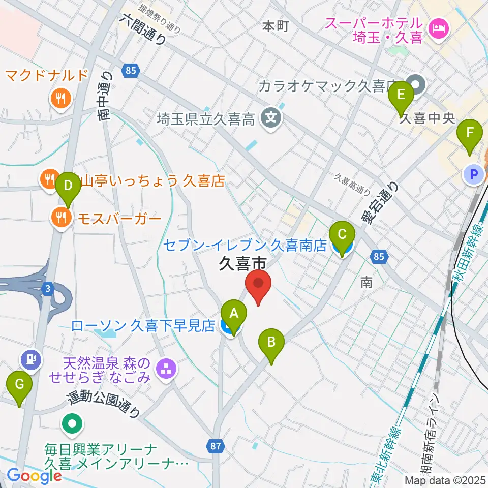 久喜総合文化会館周辺のコンビニエンスストア一覧地図