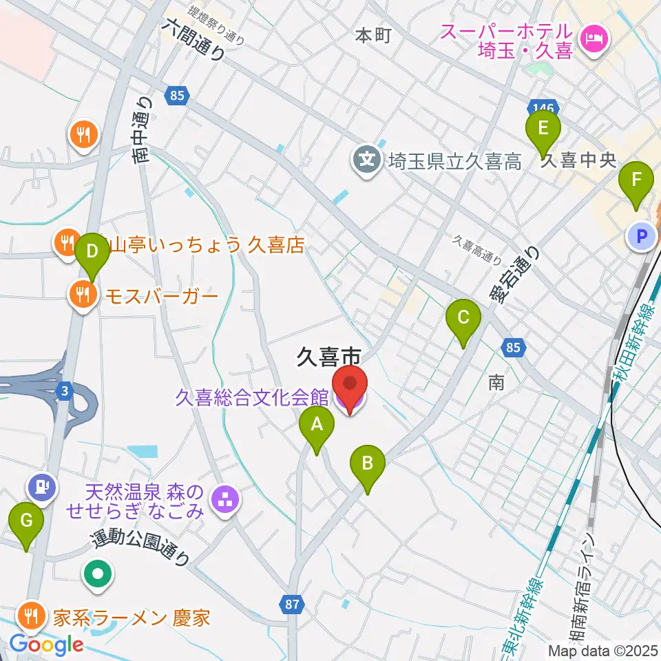 久喜総合文化会館周辺のコンビニエンスストア一覧地図