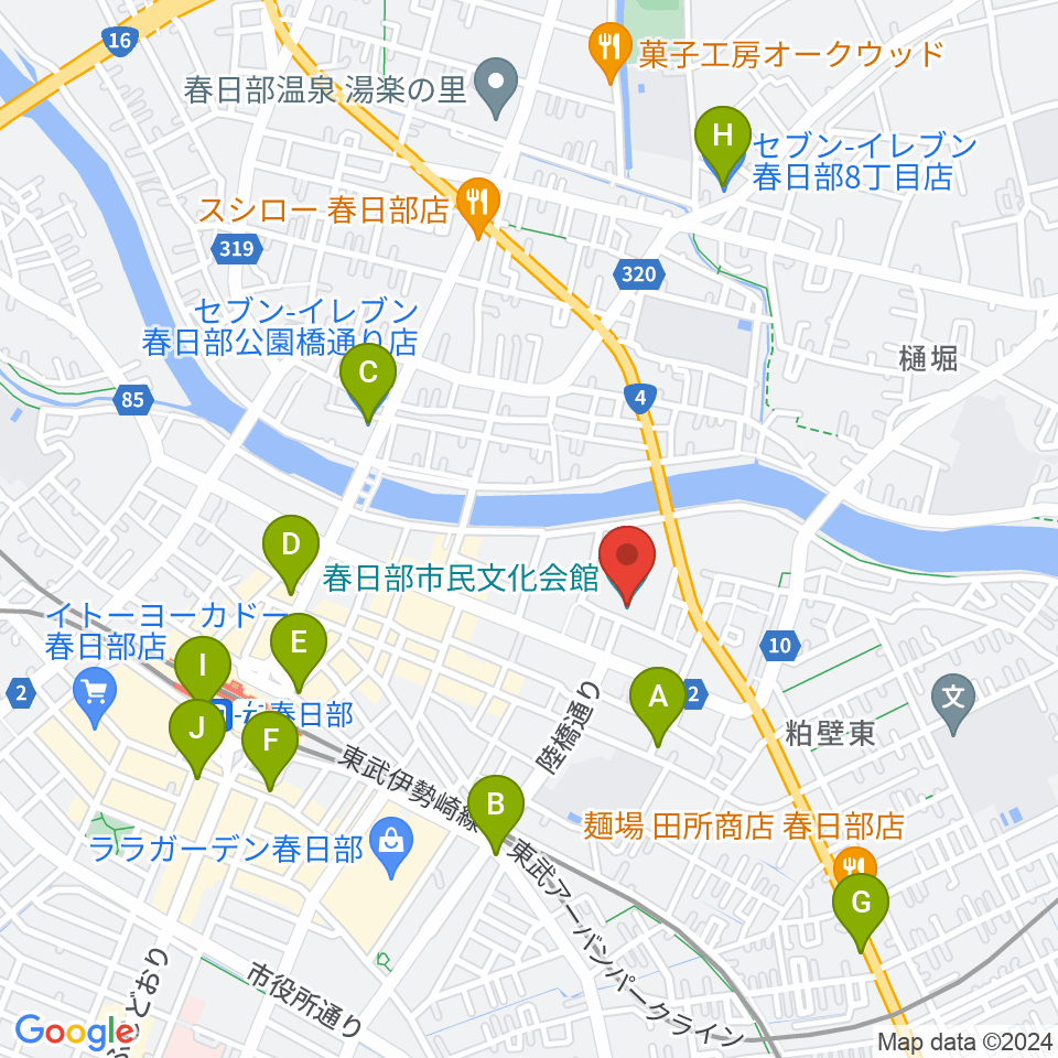 春日部市民文化会館周辺のコンビニエンスストア一覧地図