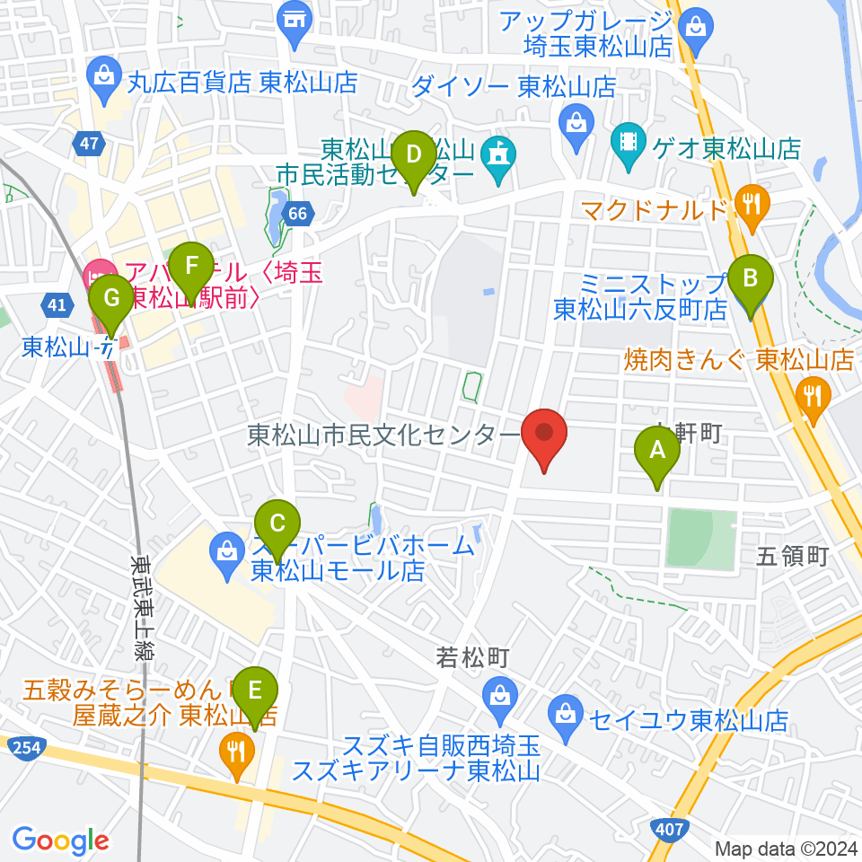 東松山市民文化センター周辺のコンビニエンスストア一覧地図
