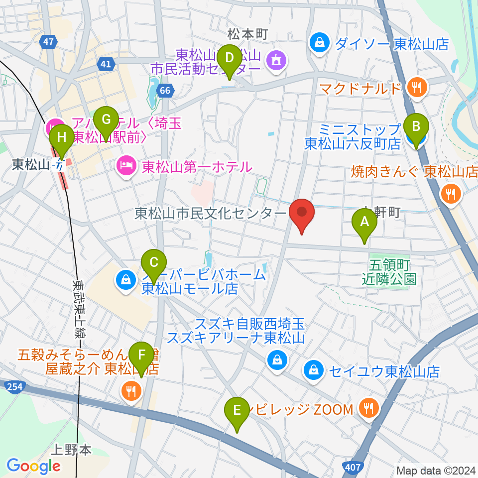 東松山市民文化センター周辺のコンビニエンスストア一覧地図