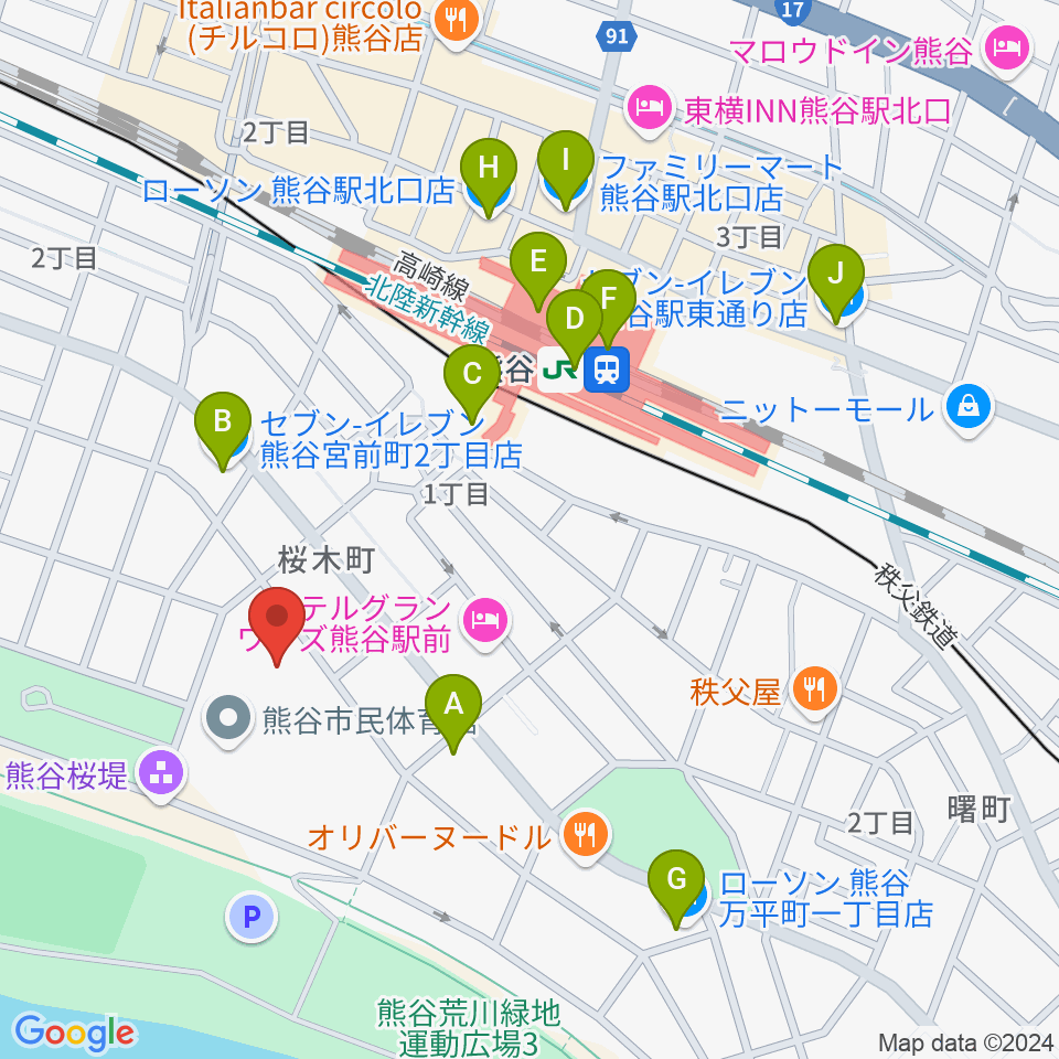 熊谷市立文化センター文化会館周辺のコンビニエンスストア一覧地図