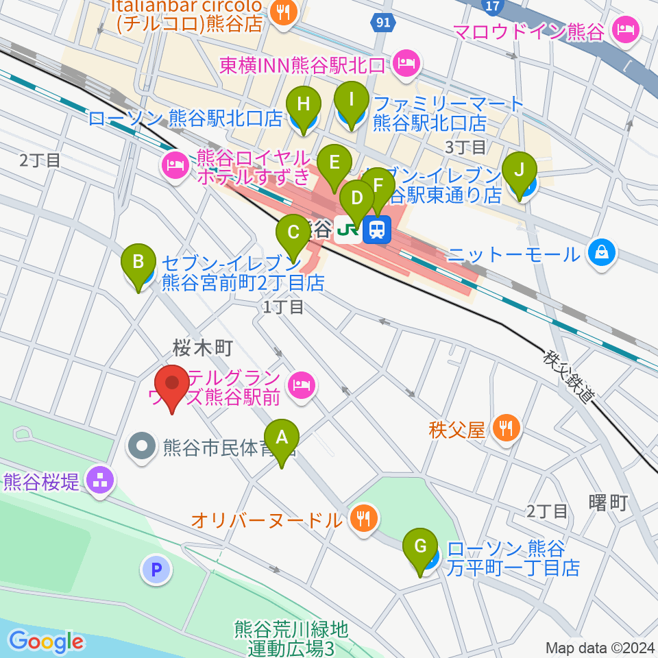 熊谷市立文化センター文化会館周辺のコンビニエンスストア一覧地図