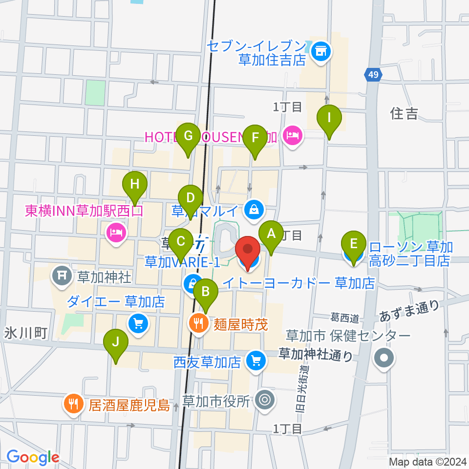 草加アコスホール周辺のコンビニエンスストア一覧地図