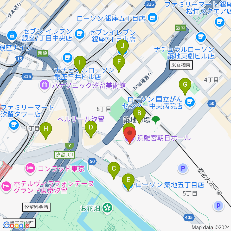 浜離宮朝日ホール周辺のコンビニエンスストア一覧地図