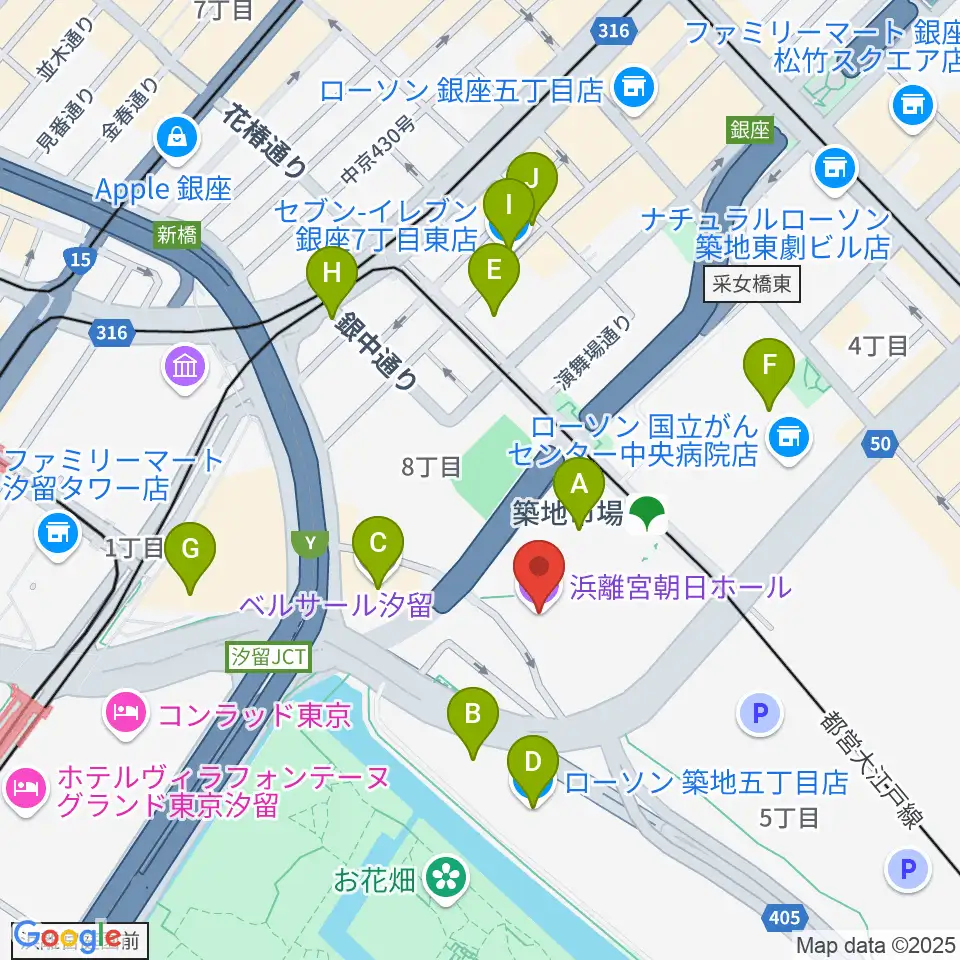 浜離宮朝日ホール周辺のコンビニエンスストア一覧地図