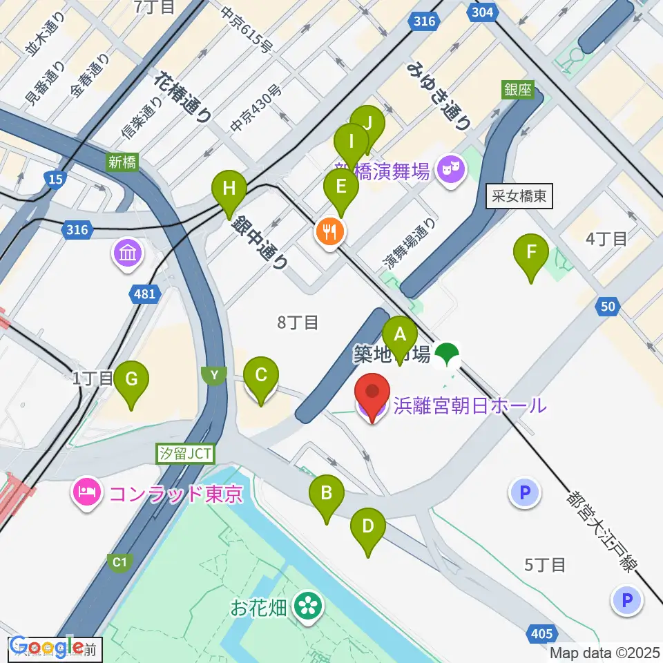 浜離宮朝日ホール周辺のコンビニエンスストア一覧地図
