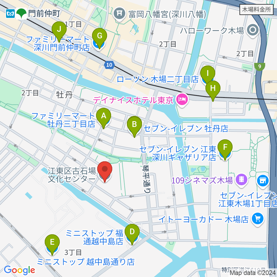 古石場文化センター周辺のコンビニエンスストア一覧地図