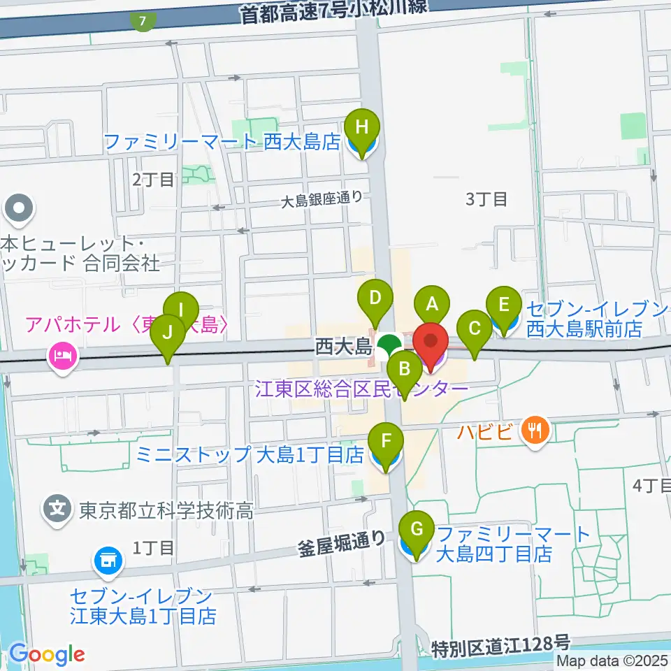 江東区総合区民センター周辺のコンビニエンスストア一覧地図