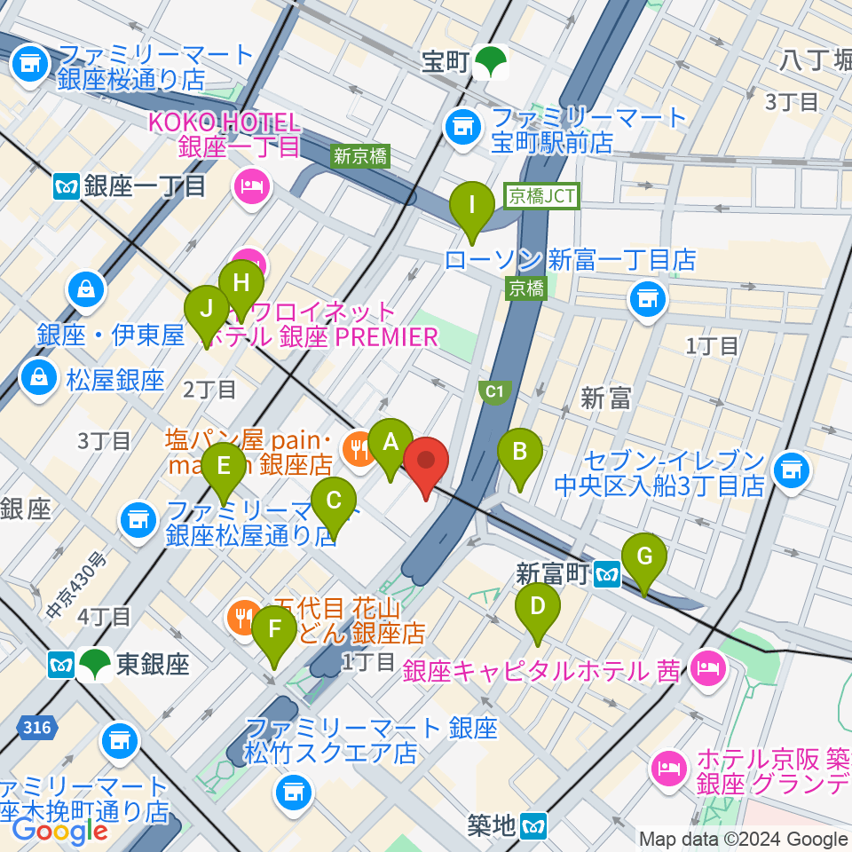 銀座ブロッサム 中央会館周辺のコンビニエンスストア一覧地図