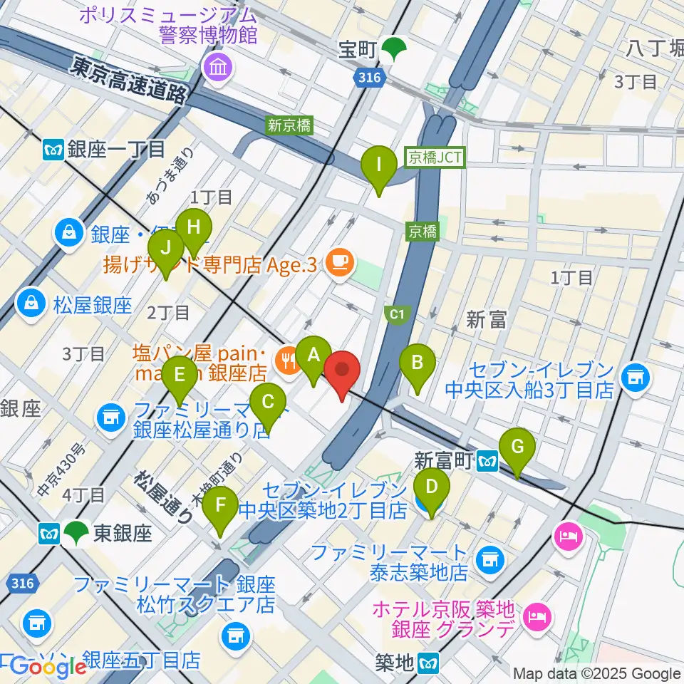 銀座ブロッサム 中央会館周辺のコンビニエンスストア一覧地図