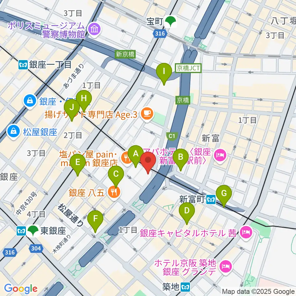 銀座ブロッサム 中央会館周辺のコンビニエンスストア一覧地図