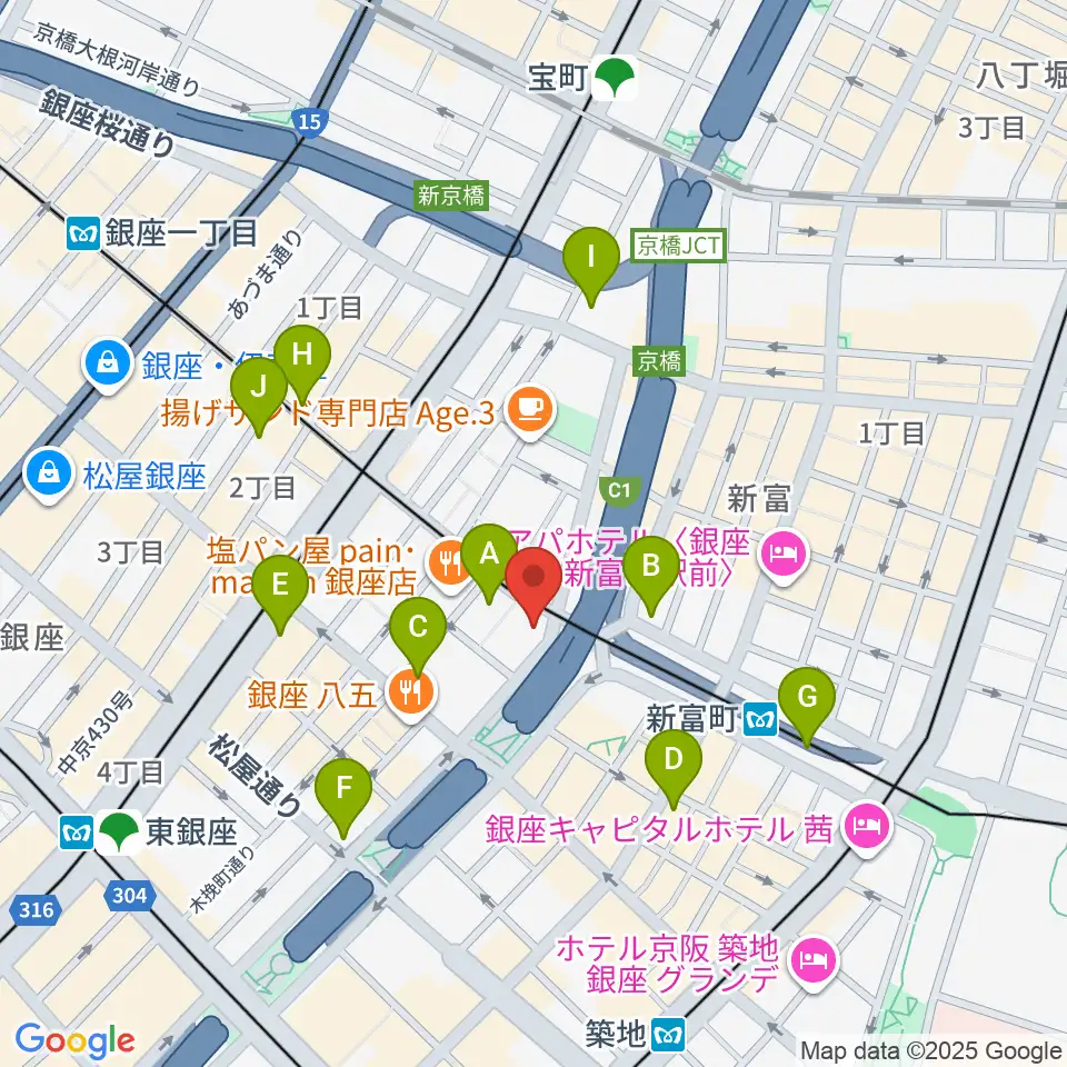 銀座ブロッサム 中央会館周辺のコンビニエンスストア一覧地図
