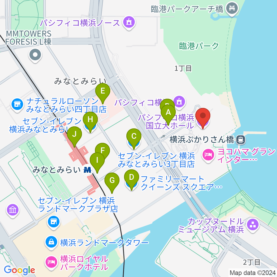 パシフィコ横浜 国立大ホール周辺のコンビニエンスストア一覧地図