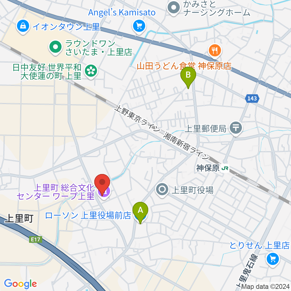 上里町総合文化センター ワープ上里周辺のコンビニエンスストア一覧地図