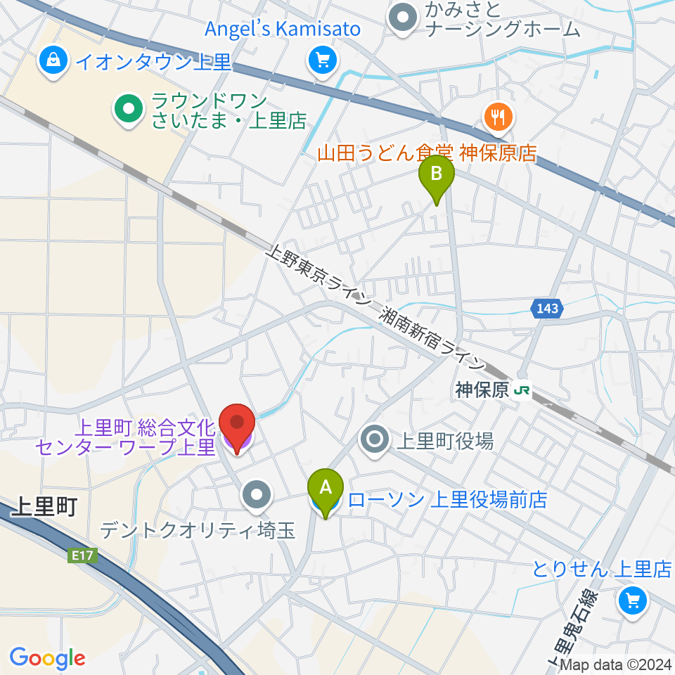 上里町総合文化センター ワープ上里周辺のコンビニエンスストア一覧地図