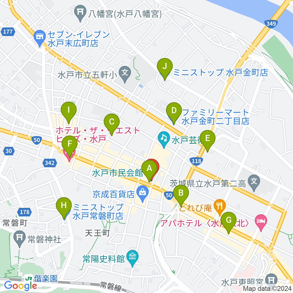 水戸市民会館周辺のコンビニエンスストア一覧地図