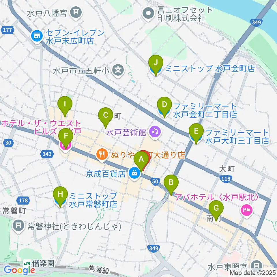 水戸市民会館周辺のコンビニエンスストア一覧地図