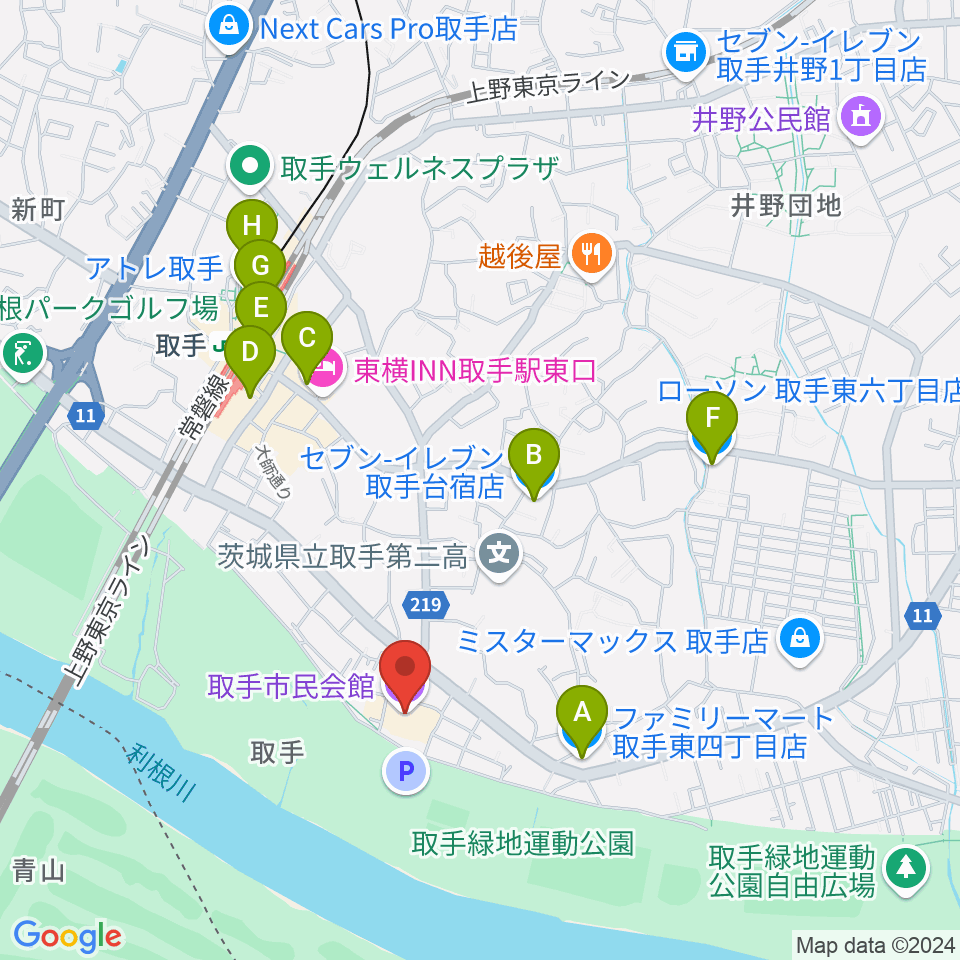 取手市民会館周辺のコンビニエンスストア一覧地図