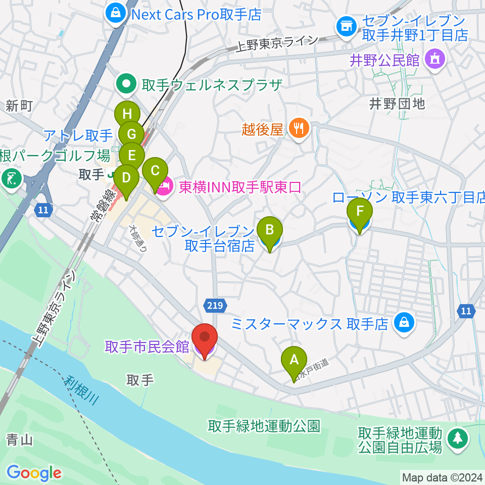 取手市民会館周辺のコンビニエンスストア一覧地図