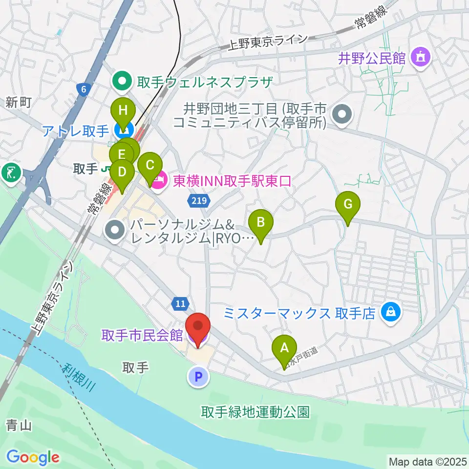 取手市民会館周辺のコンビニエンスストア一覧地図