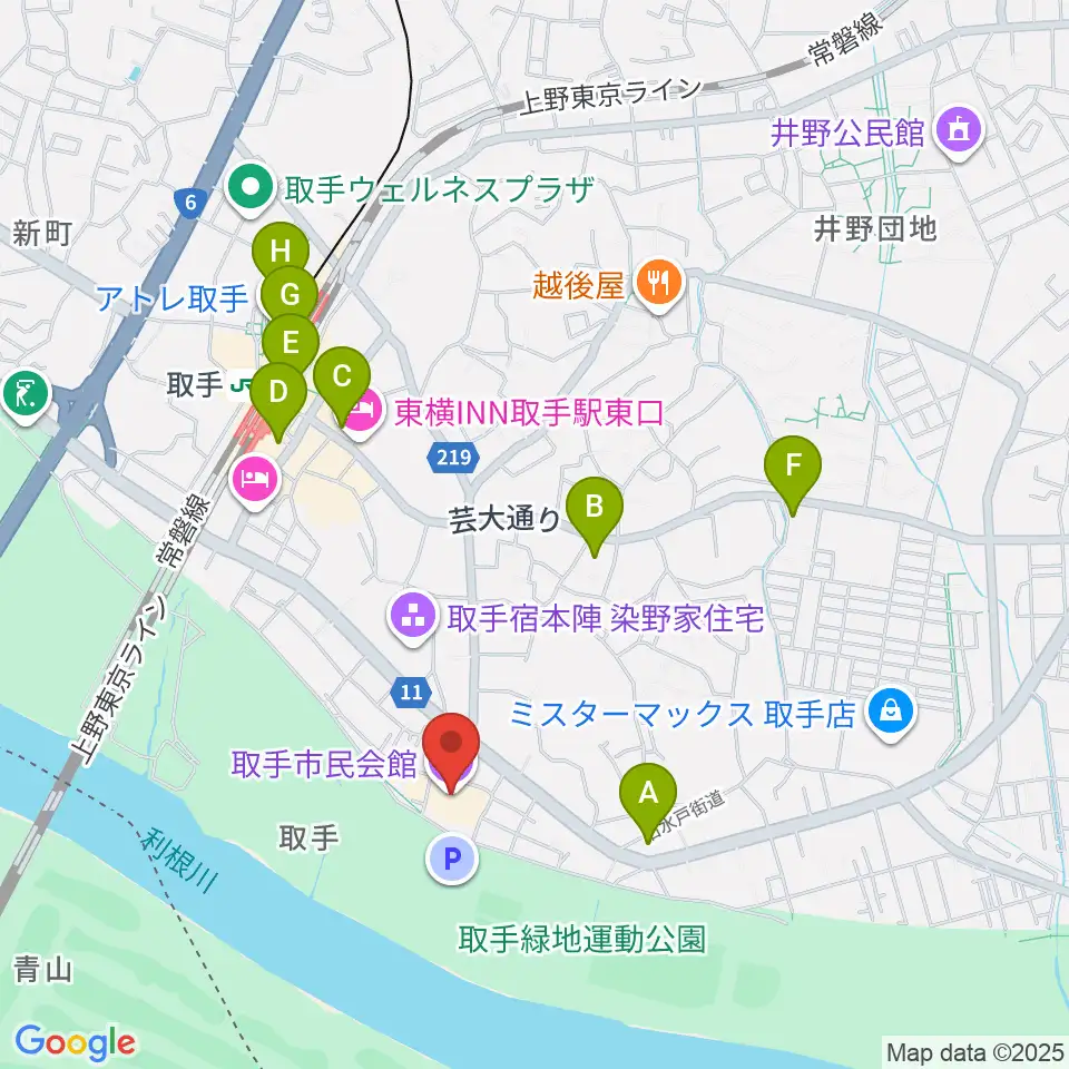 取手市民会館周辺のコンビニエンスストア一覧地図