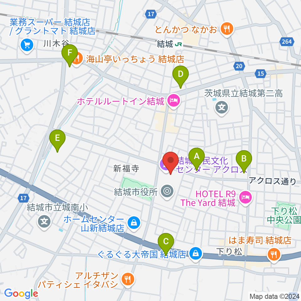 結城市民文化センターアクロス周辺のコンビニエンスストア一覧地図