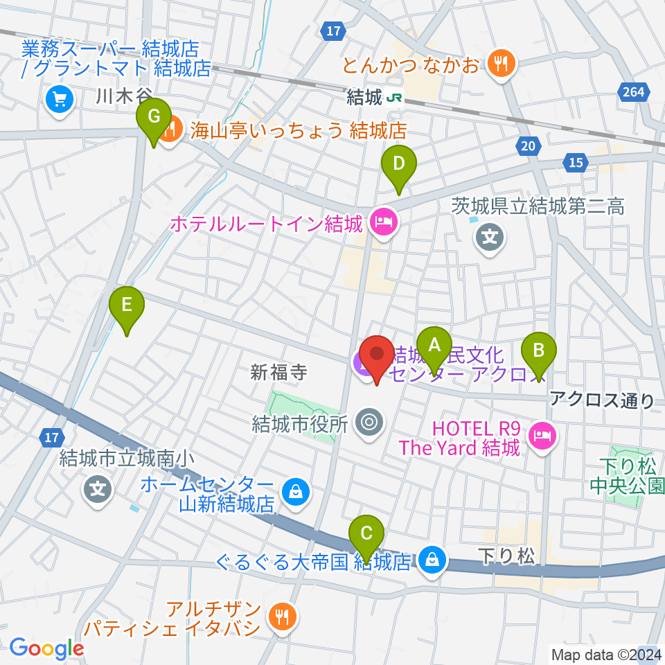 結城市民文化センターアクロス周辺のコンビニエンスストア一覧地図