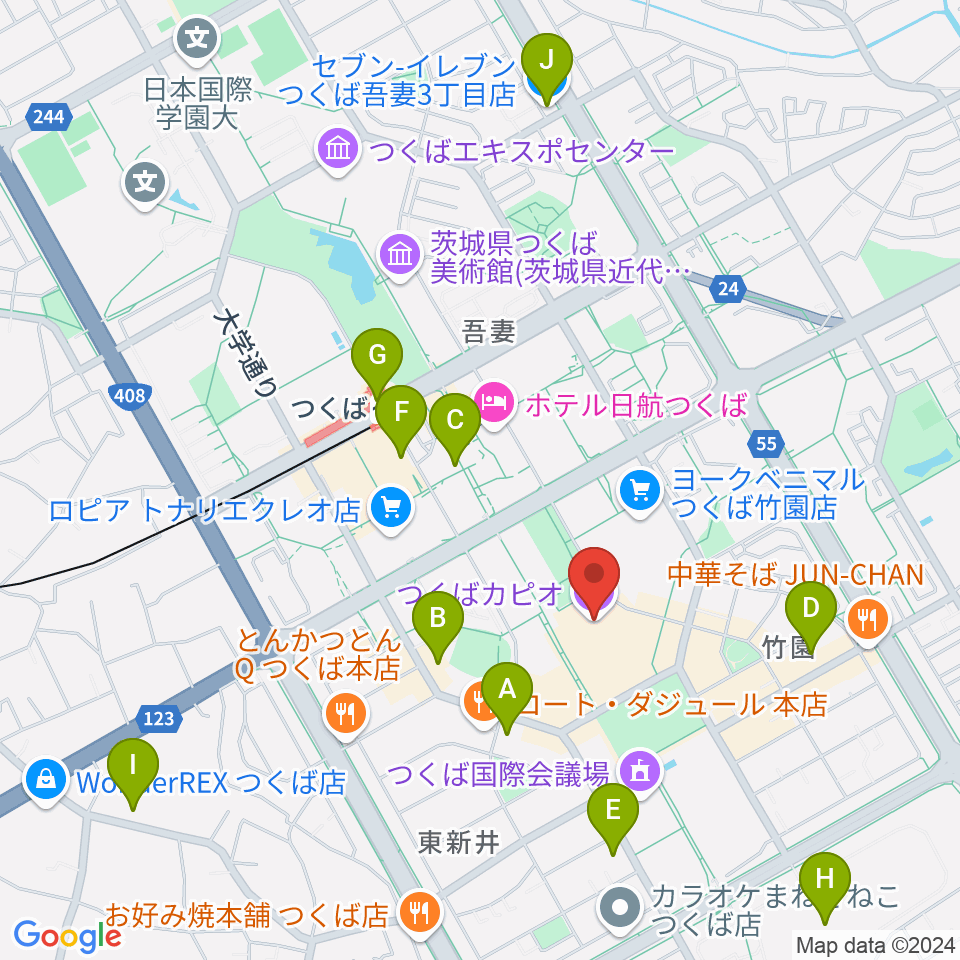 つくばカピオ周辺のコンビニエンスストア一覧地図