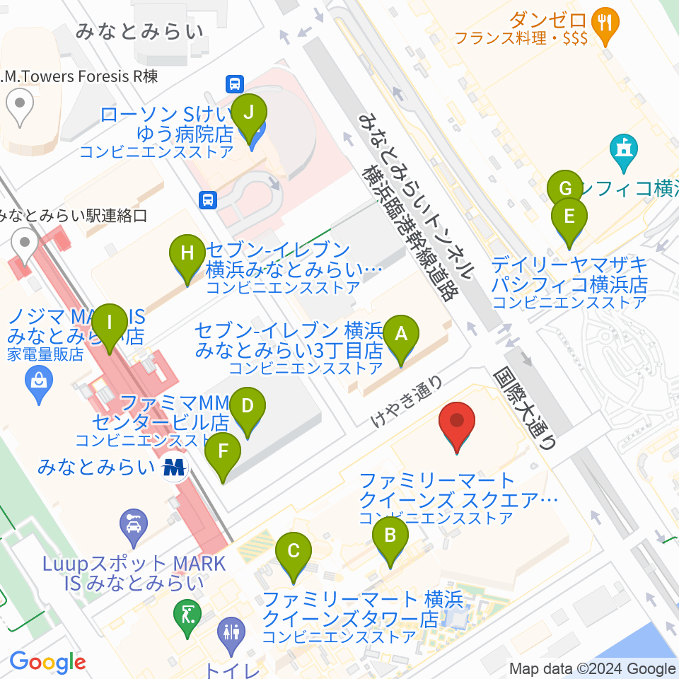 横浜みなとみらいホール周辺のコンビニエンスストア一覧地図