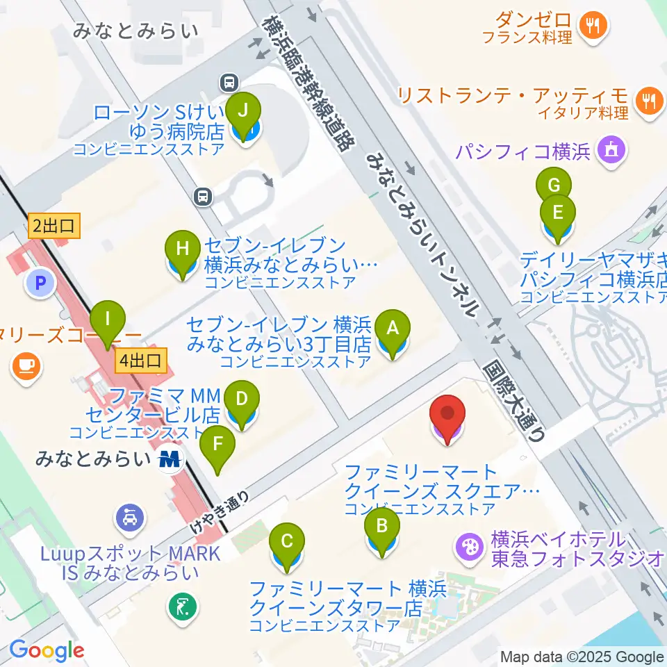 横浜みなとみらいホール周辺のコンビニエンスストア一覧地図