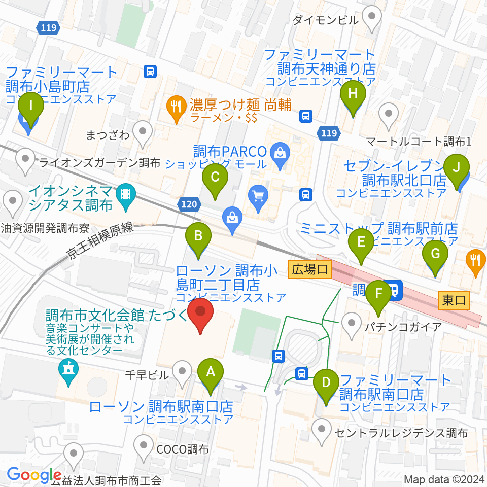 調布市グリーンホール周辺のコンビニエンスストア一覧地図