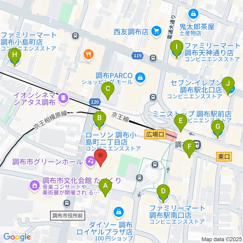 調布市グリーンホール周辺のコンビニエンスストア一覧地図