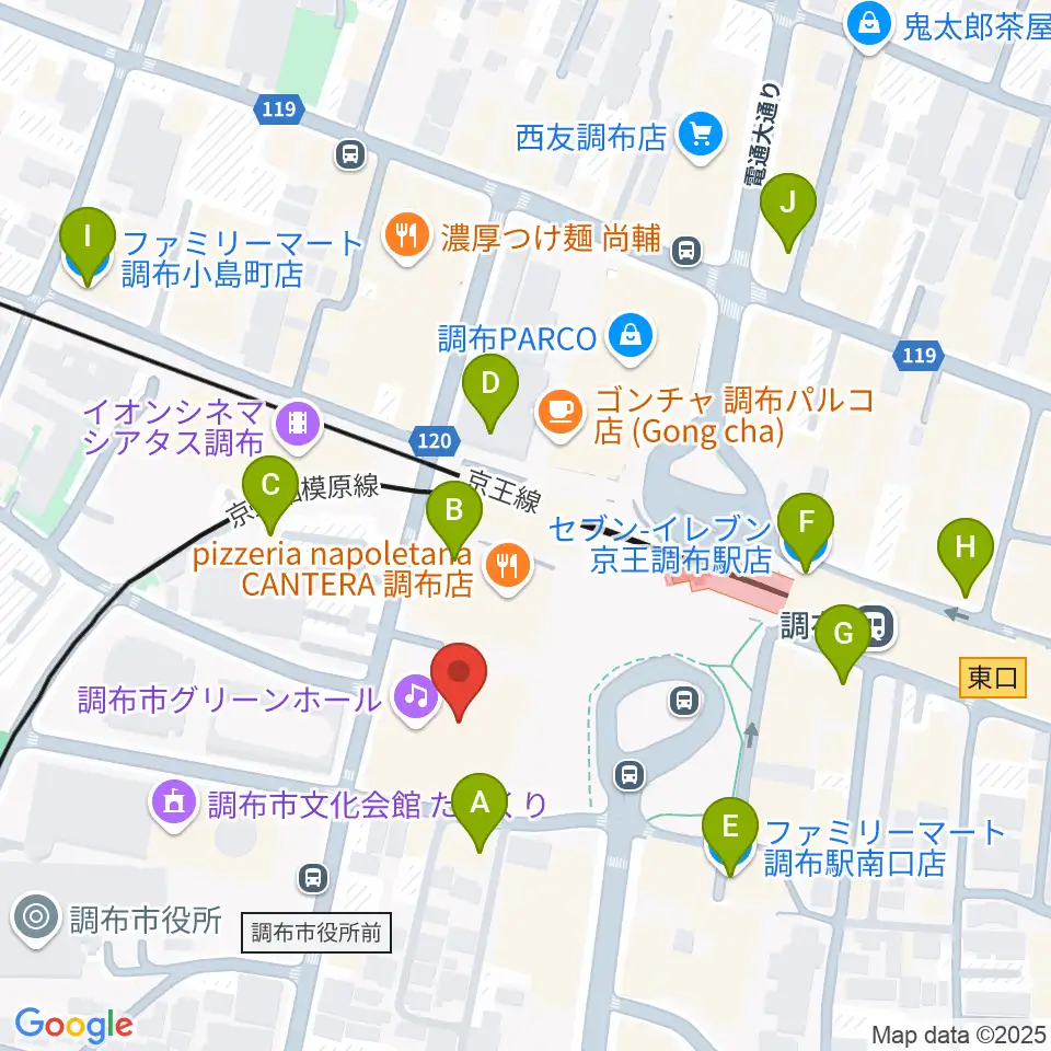 調布市グリーンホール周辺のコンビニエンスストア一覧地図