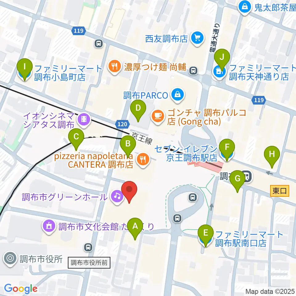 調布市グリーンホール周辺のコンビニエンスストア一覧地図