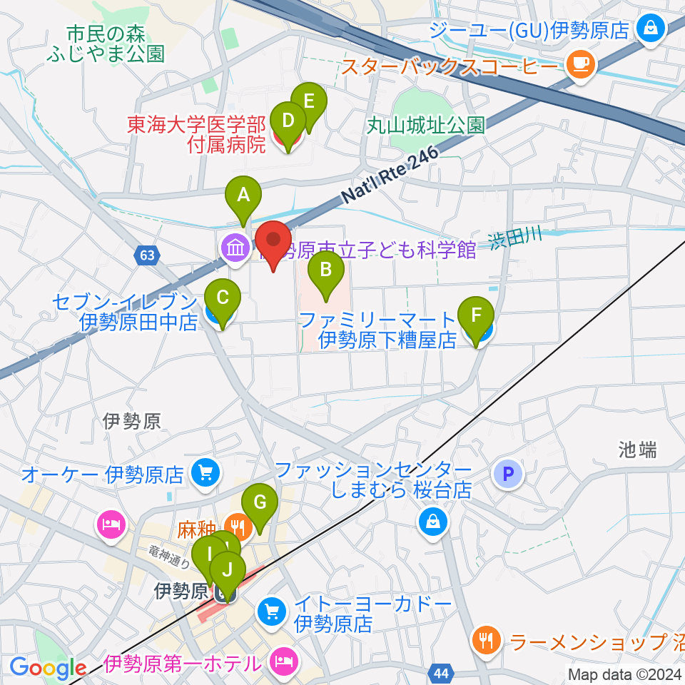 伊勢原市民文化会館周辺のコンビニエンスストア一覧地図