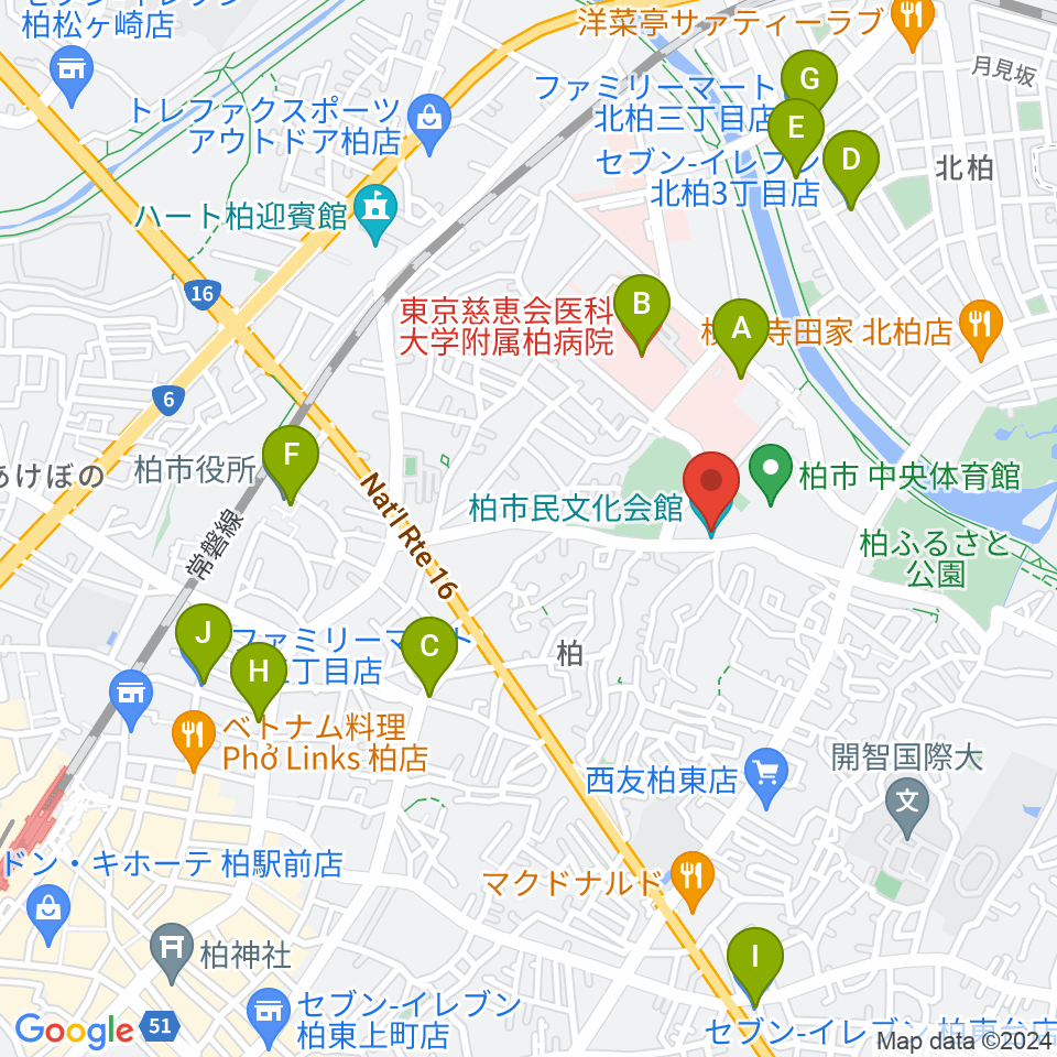 柏市民文化会館周辺のコンビニエンスストア一覧地図