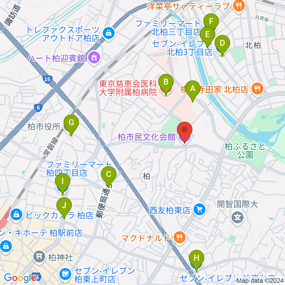 柏市民文化会館周辺のコンビニエンスストア一覧地図