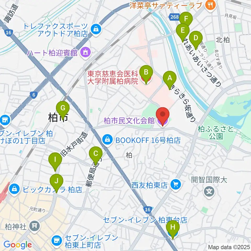 柏市民文化会館周辺のコンビニエンスストア一覧地図