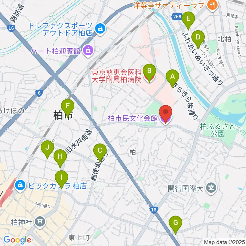 柏市民文化会館周辺のコンビニエンスストア一覧地図