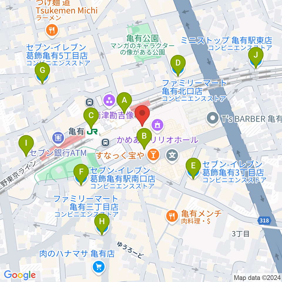 かめありリリオホール周辺のコンビニエンスストア一覧地図