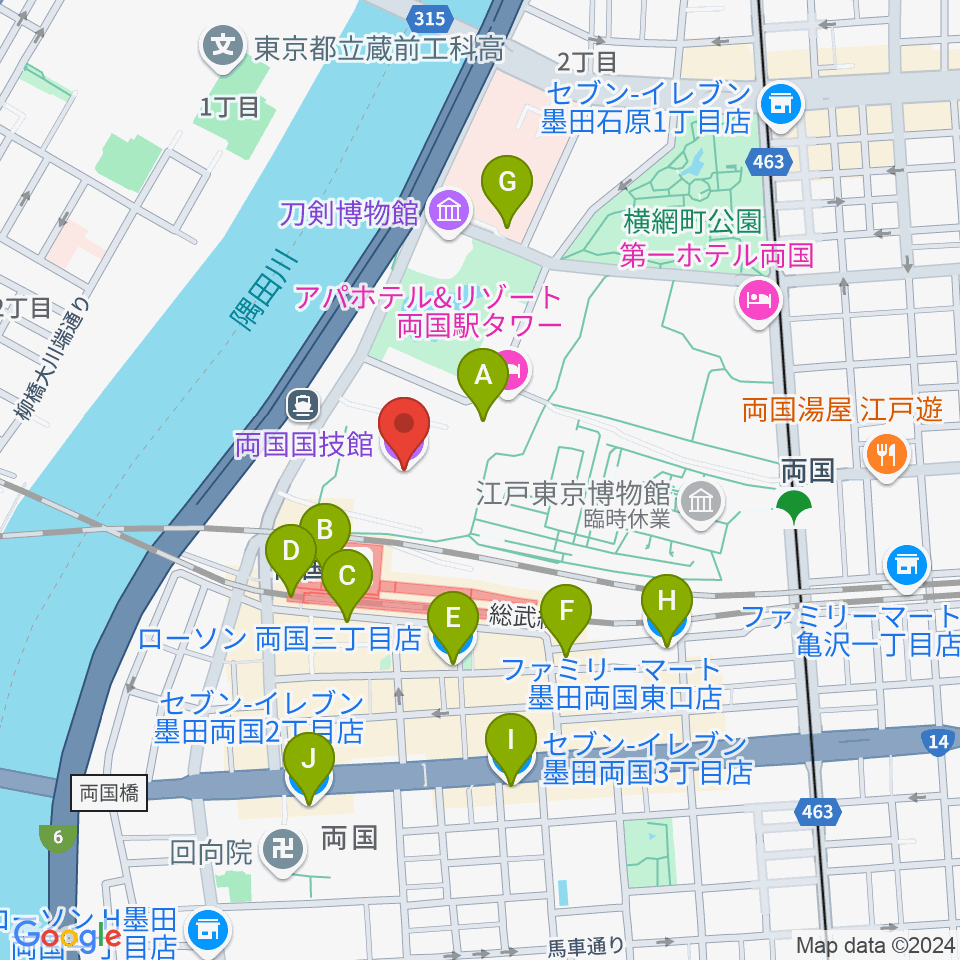 両国国技館周辺のコンビニエンスストア一覧地図